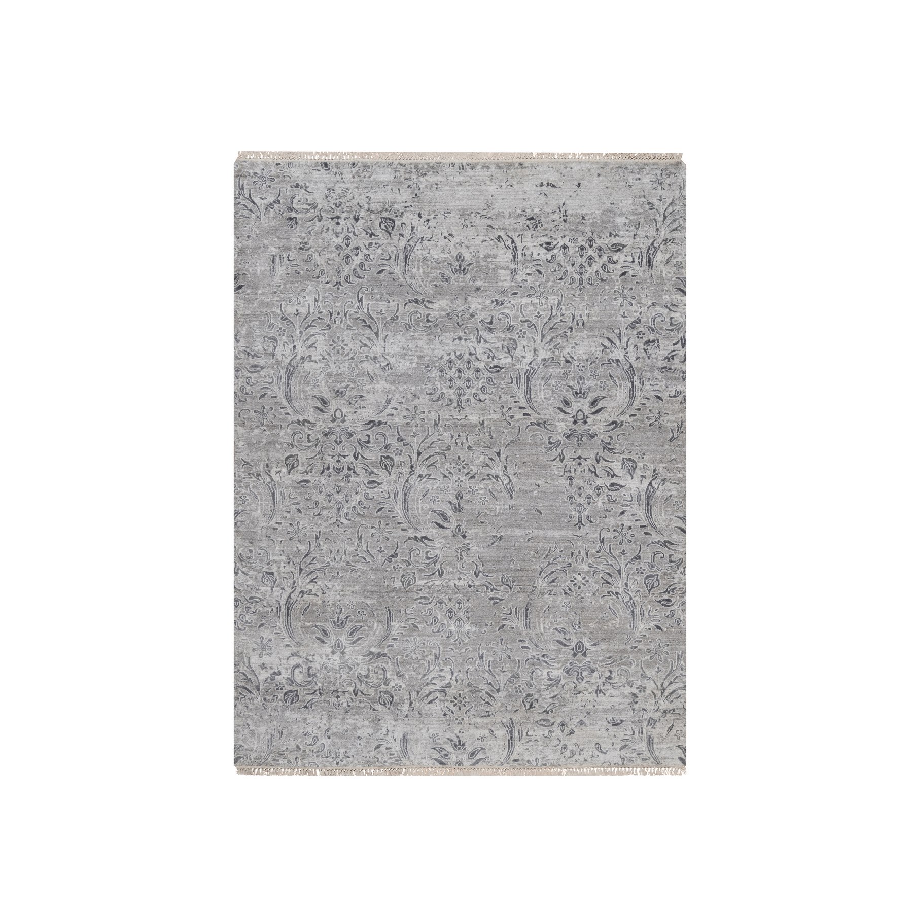 5'x7' Cloud Gray, Tone on Tone, Damask Design, Hand Knotted, Wool and Plant Based Silk, Oriental Rug 